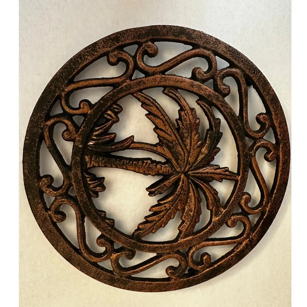Vintage Brass Palm Tree Trivet 6.75 Inch Round Tropical Coastal Decor 3 Feet